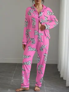 Women's Tiger Print Pajama Set, Casual Fitted Long Sleeve Shirt & Elastic Pants, Soft Stretchy Fabric, Fall Winter Home Wear