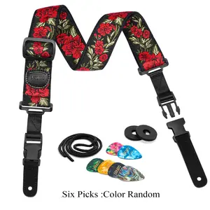 LEKATO LGS-12 Flower Guitar Strap for Bass Electric Acoustic Guitar, Rose Embroidery Woven Guitar Straps, 2" Wide Floral Bass Strap with Clip Buckle, with Pick Holder, 2 Blocks, 6 Picks