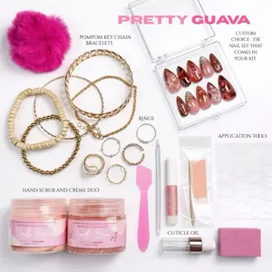 Pretty Guava Comprehensive Nail Care Bundle with Press-On Nails, Cuticle Oil, Glue, Rings, Bracelets, Hand Scrub & Crème, Custom Sizing Options