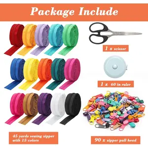 15 Pcs Nylon Coil Zippers with 90 Pcs Pull Heads, Scissor, Ruler, Assorted Lengths Sewing Zipper for DIY Sewing Crafts Zipper Tape for Clothes, Bag, Purse Making Supplies Kit
