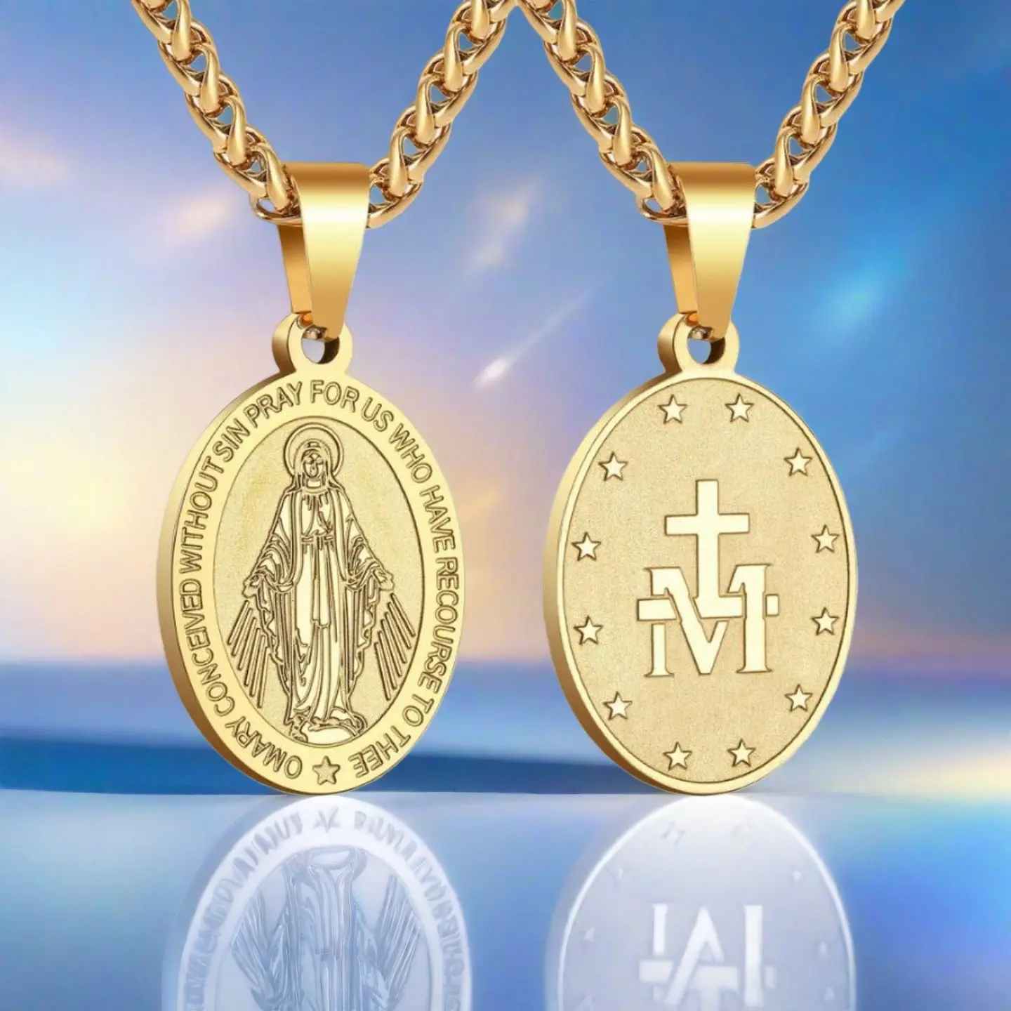 Stainless Steel Virgin Mary Oval Medal Necklace - Miraculous Blessed Virgin Solid Wheat Chain Charm Necklace, Catholic Religious Gift for Men Women, Miraculous Necklace, Blessed Virgin Necklace