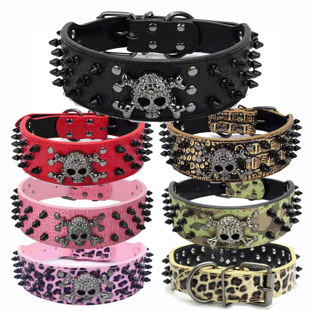 Gothic Black Skull Studded Dog Collar & PU Leather Leash Combo, Chew Resistant Non-Slip Collars & Leads Set for Medium to Large Breeds (Including French Bulldog)