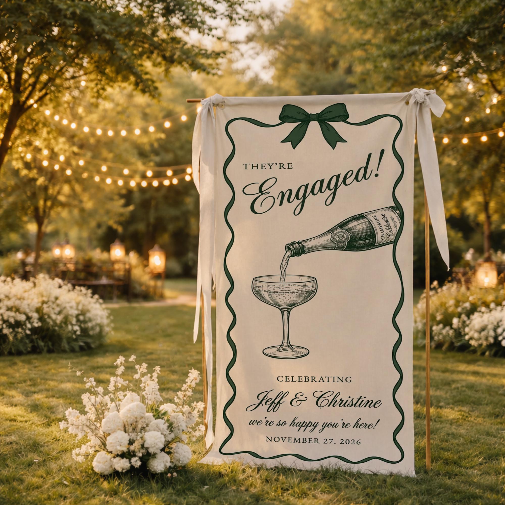 Personalized Linen Cotton Tapestry, Welcome Engagement Sign, Party Banner, Champagne Decor, Garden Wedding Art, Couple Party Sign, Gift for Couple, Personalized Mothers Day Gifts