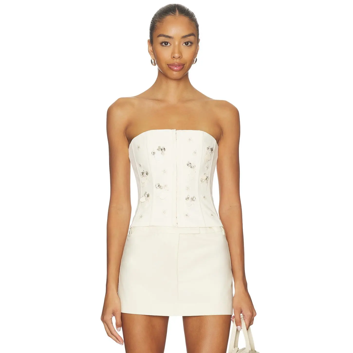 GUIZIO Embellished Twill Corset Top in Ivory White