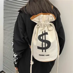 Canvas Drawstring Backpack with Coin pouch, Large Money Dollar Sign Bucket Rucksack, Lightweight Sport Bags