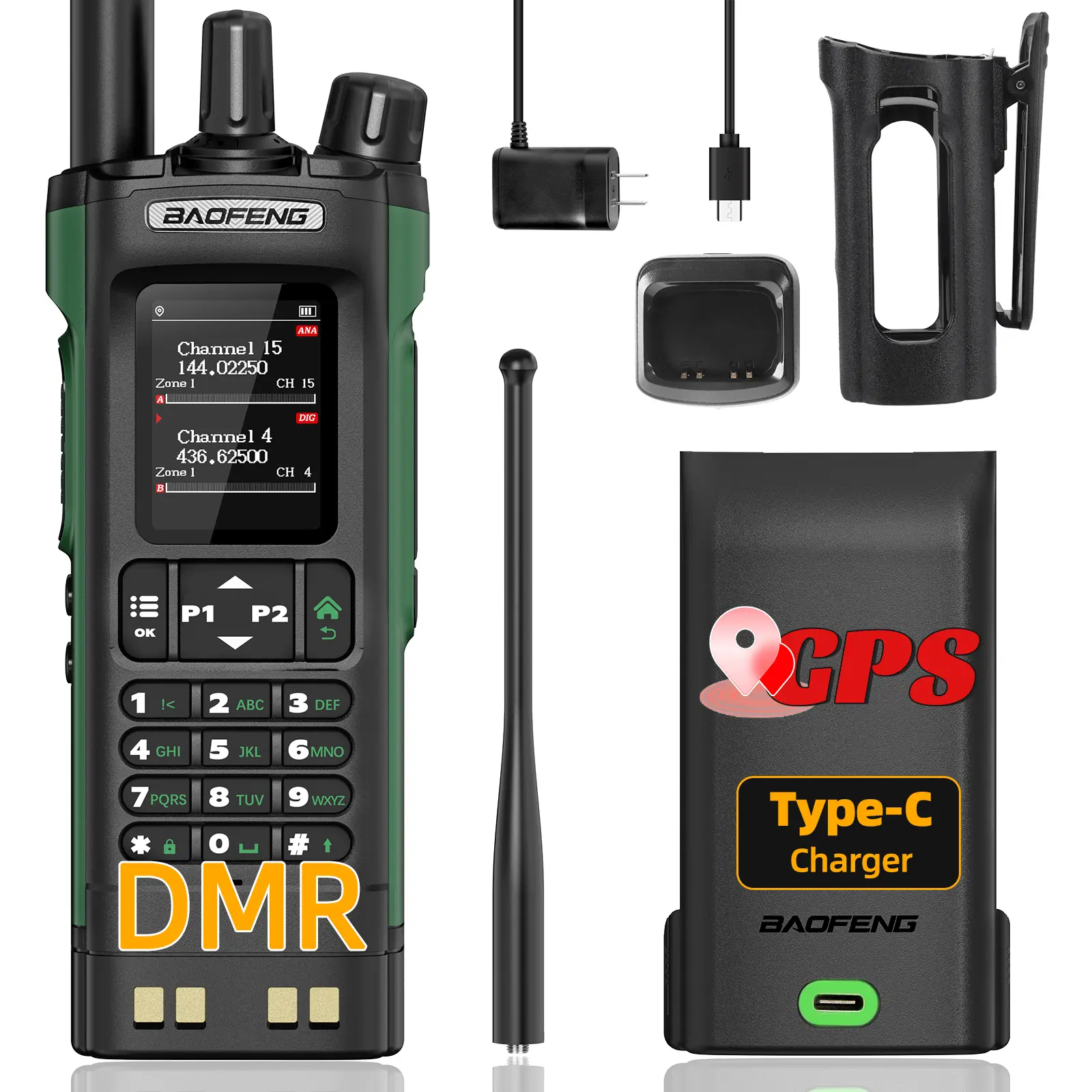 BAOFENG DM32 DM- 32UV 1OW Digital Mobile Radio Dual Mode DMR Walkie Talkie GPS APRS U Dual Band Dual Time Slot AM FM Type-C Charging Two Way Radio for Outdoor Hunting Hiking Sports DM-32