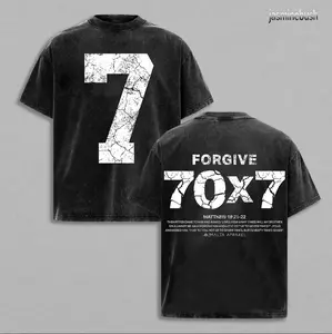 Mathew 18:21-22 Forgive 70x7 Double Printed Vintage Jesus Washed Tee, Unisex Oversized Heavyweight Cotton T-shirt for Faith-Based Streetwear Bible Verse Church Outfit Gym Pump Cover Christian Merch