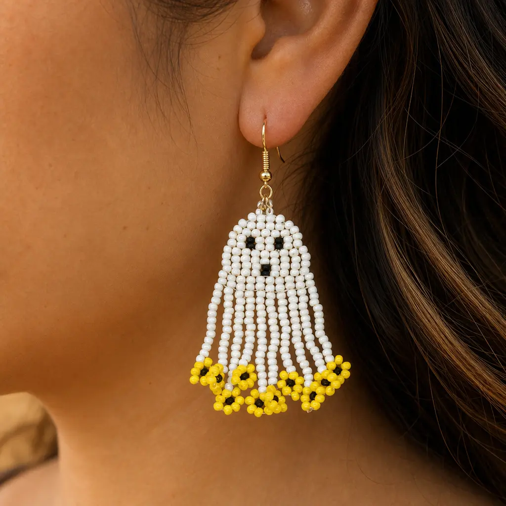 Women's Vintage Boho Ghost Motif Beaded Tassel Drop Dangle Earrings - Handmade, Copper Ear Needles, Everyday Costume Jewelry, Secure Fit