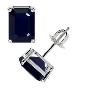 Classic Four Prong Emerald Cut Blue Sapphire Stud Earrings (3.50cttw)- EBS003-8X6-A