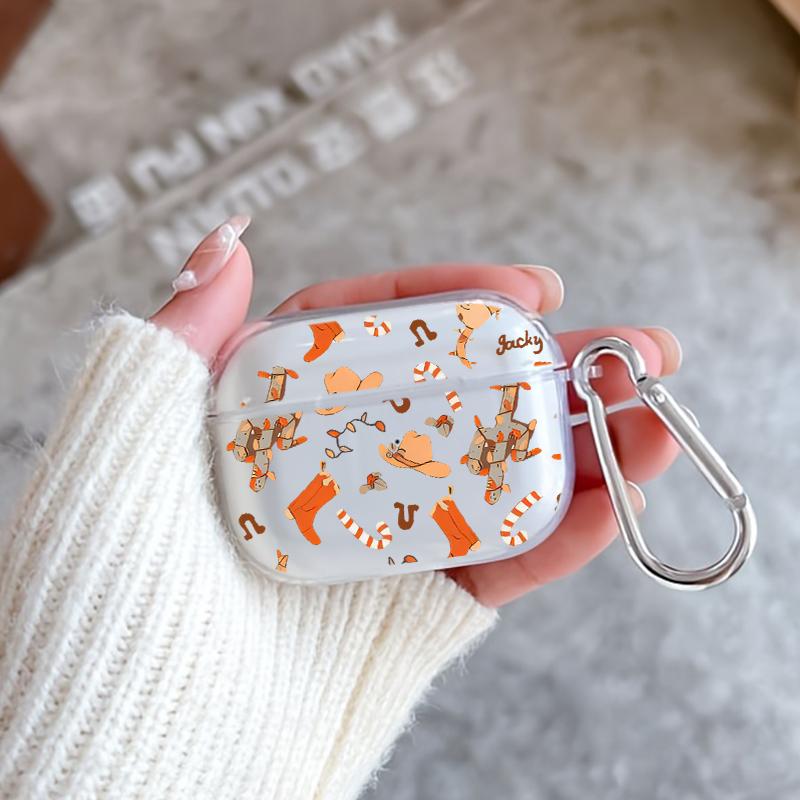 Cowboy Delight Pattern TPU Soft Protective Case for Apple AirPods 4/3/2/1/Pro/Pro2 Transparent Earphone Cover with Keychain Attachment