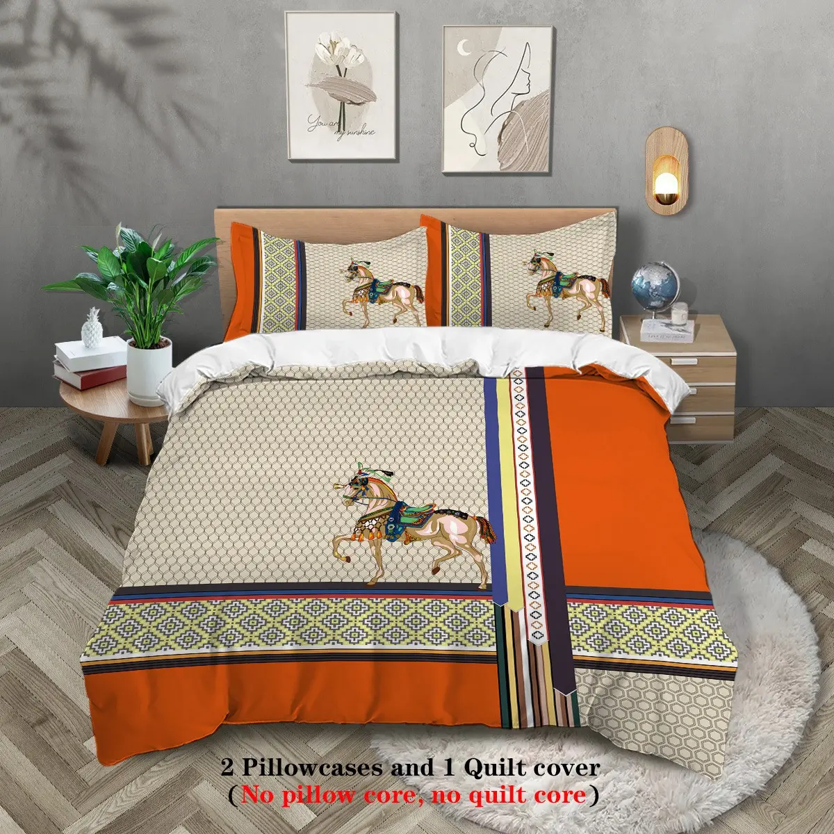 3pcs Luxury Equestrian Horse Duvet Cover Set (1 Duvet Cover + 2 Pillowcases), Orange Geometric Plaid Bedding, Soft Brushed Microfiber, Comfy Bed Sets for Modern Luxury Bedroom & Hotel Decor, Versatile Decoration, Chevron Bedding Set, Chevron Duvet Covers
