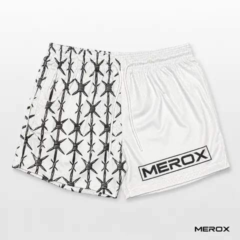 MEROX Unisex White 5-Inch Barbwire Mesh Shorts - Split Print, Zipper Pockets Athletic Shorts for Men, Gym & Streetwear Use