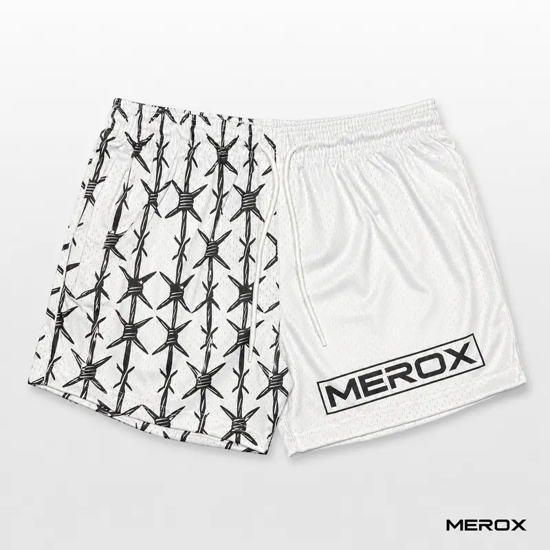 MEROX Unisex White 5-Inch Barbwire Mesh Shorts - Split Print, Zipper Pockets Athletic Shorts for Men, Gym & Streetwear Use