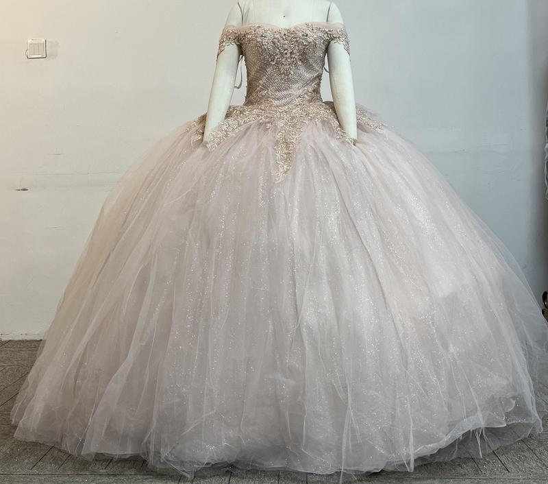 NO.55 Blush Champagne Offwhite Ball Gown Dress Crystal Beading and Sequin Appliqué Glitter Tulle Quinceañera Dress