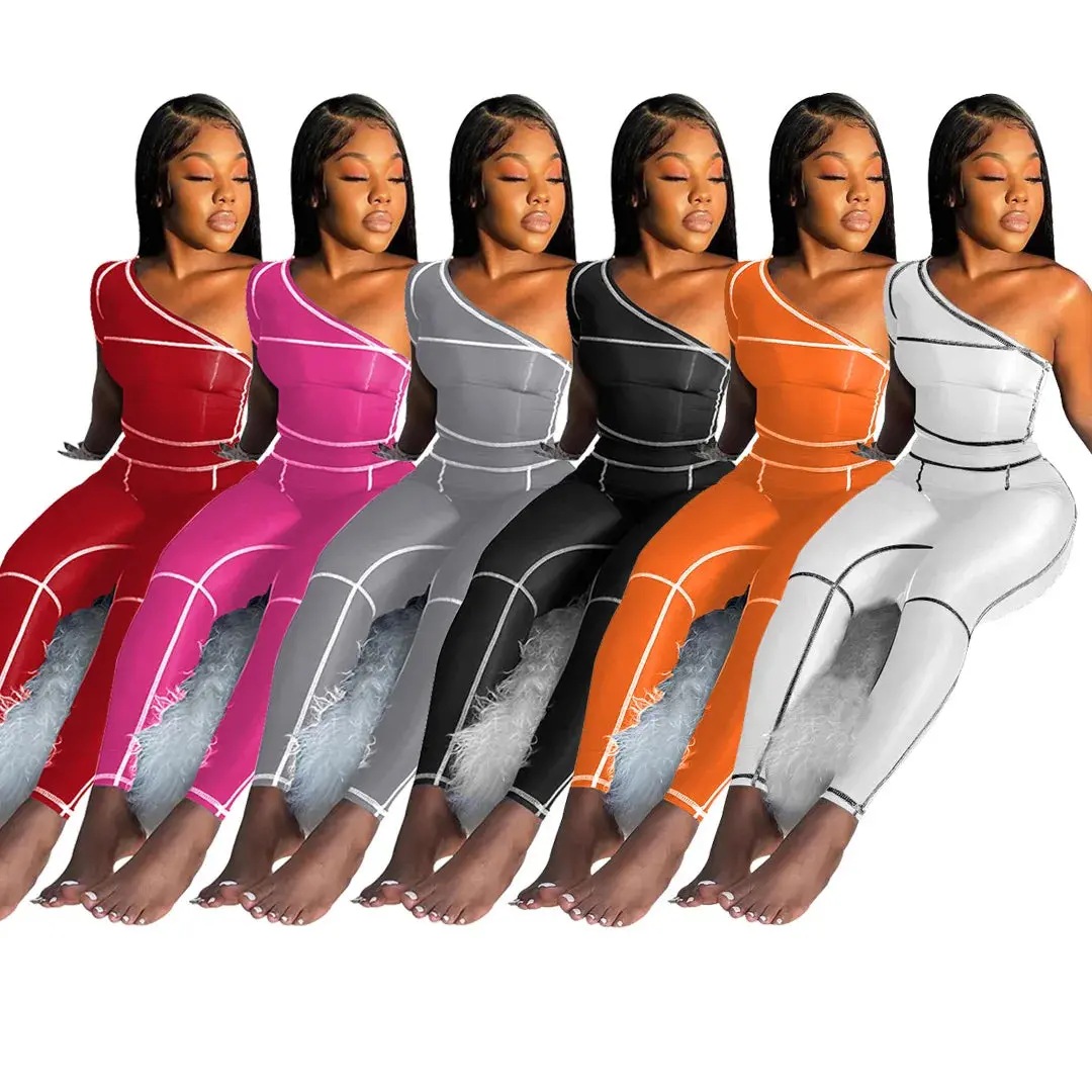 Custom Logo Private Label Sleeveless One Shoulder Jumpsuit Striped Bodycon Jumpsuit Pants