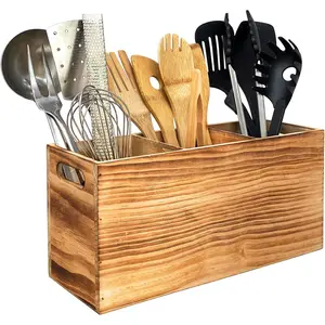 Utensil Holder Organizer for Counter - Large Wooden Utensil  for Countertop - 3 Compartment Cooking Tool Storage for Spatula - Farmhouse Kitchen Decor and