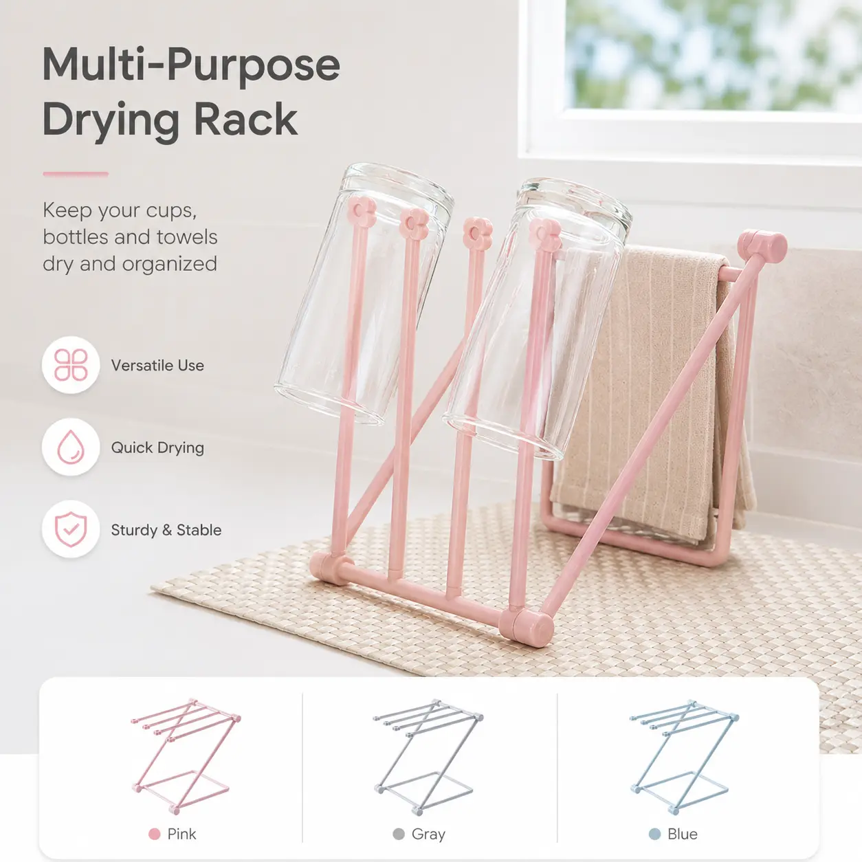 1-Count Foldable Kitchen Cleaning Cloth Dryer Rack - Compact Multi-Purpose Organiser, Drain Stand for Glass Cups, Ideal for Kitchen Sink Countertop Daily Use & Organization, Smooth, Kitchen Dryer