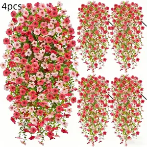 4 bunches of artificial hanging daisies - vibrant pink and peach outdoor spring/summer decoration, UV-resistant plastic artificial flower basket, suitable for home, garden, wedding or farmhouse style, artificial outdoor flowers (no pot).