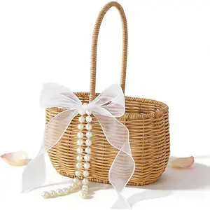 Wicker Rattan Flower Girl Basket with Bows and Pearl Wedding Flower Basket Cute Rattan Wicker Basket Wicker Storage Basket Decorative Baskets for Home Decor