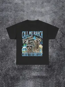 1 Piece Funny Raccoon Graphic Short Fitted Menswear T-Shirt, Call Me Ranch Dressing Pun, Humor Novelty Tee, Soft  Teens and Adults, Casual Wear and Parties