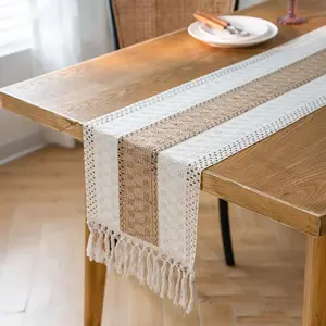 Style Bicolor Stitching,12 x 72 Inch Cream & Brown,Table with Tassels Boho Neutral Table,Farmhouse Rustic for Dining Wedding()