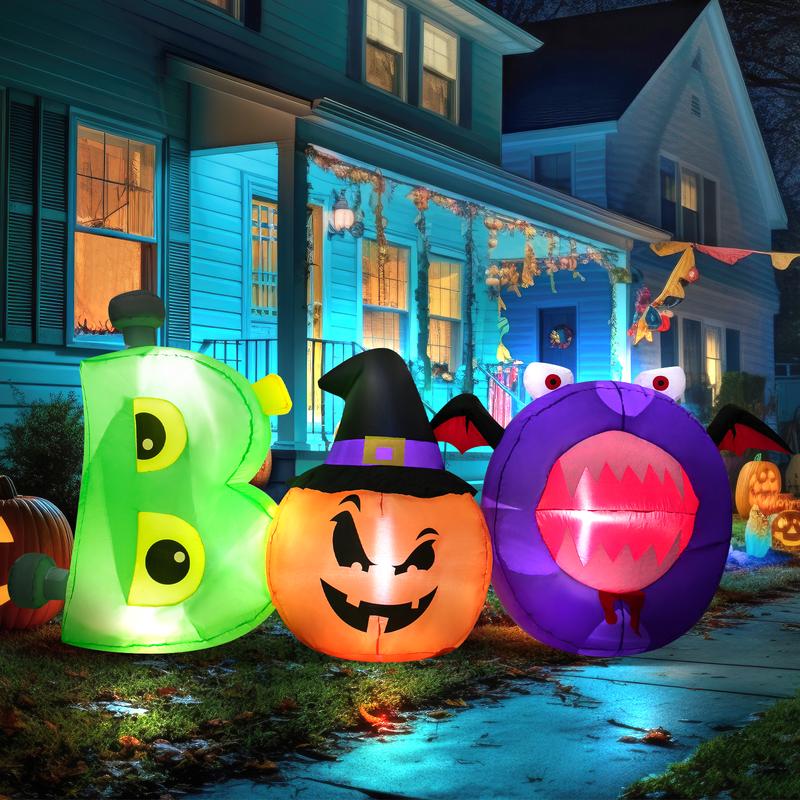 Halloween 8FT Inflatable Outdoor Decorations Boo Inflatable with Scary Eyes Pumpkin Monster Green Orange Purple Built-in LED Lights for Outside Lawn Holiday Decor