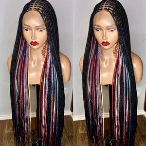 Fullace Back color Knotless Braided Wig with Colorful Highlights and Black Base Hair Style Curly Faux Locs Glueless Afro Kinky