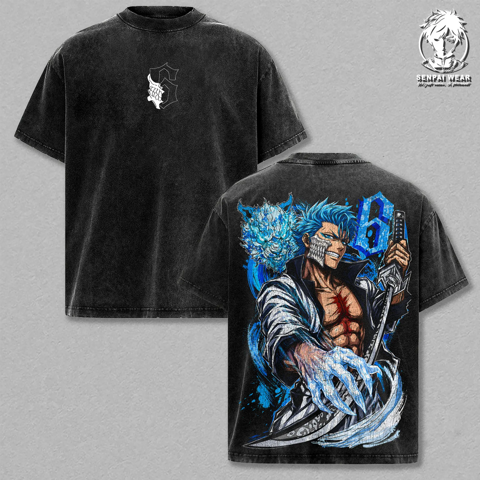 Grimmjow Jaegerjaquez – Bleach Oversize Anime Graphic Tee, Acid Washed Heavy Cotton Shirt, Vintage Manga Streetwear, Unisex Casual Wear, Anime Merch, Gift for Anime Fans Clothes Menswear