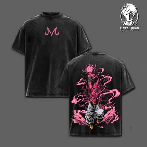 Majin Buu T-Shirt – DBZ Vintage Washed Oversized Anime Graphic Tee, Anime Streetwear Casual, Heavy Cotton Unisex Crewneck, Kid Buu Pink Energy Manga Shirt, Gift for DBZ Fans