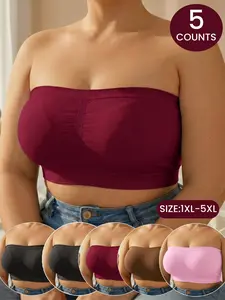 Plus Size Women Seamless Comfort Solid Bandeau Bra Top, Strapless Tank Top, Elastic Waist, No Padding Tube top for Sleep&Home,Daily Wear, Women's Plus Size Lingerie for All Seasons