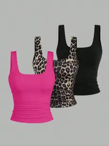 New Fashion Women's Slim Fit Leopard Print Sleeveless Vest Set, Casual Home Wear, Versatile Three-Piece, Perfect for Spring & Fall