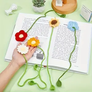 6pcs Handmade Sunflower Bookmarks, 5 Styles Crochet Flower Bookmarks Personalized Handmade Daisy Gift for Book Lover, Teacher, Curtain Buckle Straps, Car Ornaments