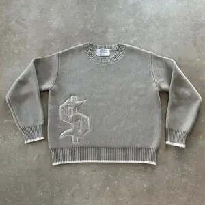 Y2K Grey Long Sve Sweater USD Gothic Embroidered Hoodie Gothic Retro Casual Streetwear Old Money Men's Square Knitted Clothing