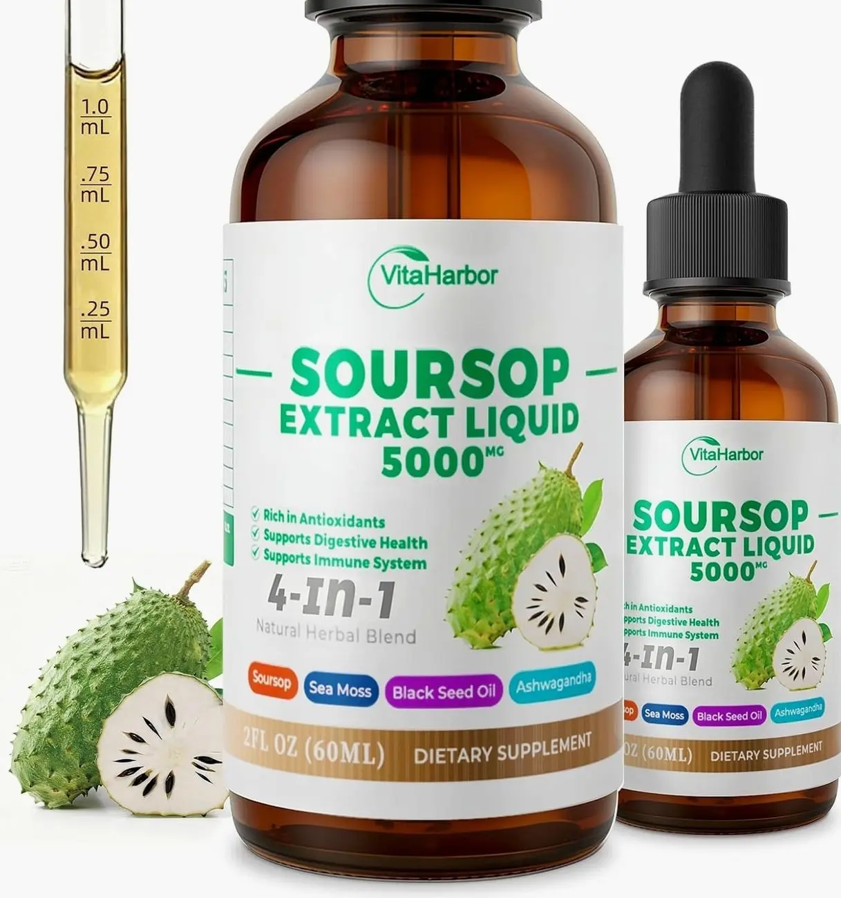 4-in-1 Soursop Bitters Liquid, Soursop Oil with Sea Moss & Black Seed Oil & Ashwagandha, for Immune & Digestive & Cell Support, Sugar-Free | Non-GMO | Vegan (2 Fl oz) Slightly Sweet Flavor