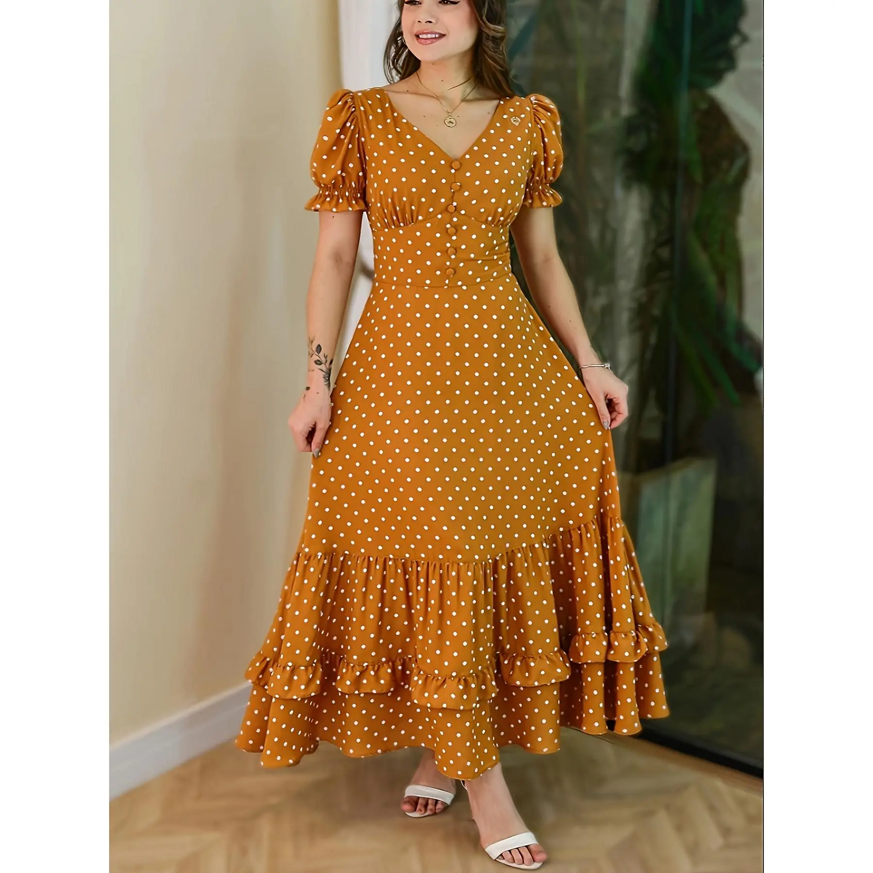 Women's Elegant Mustard Yellow Polka Dot Midi Dress, A-Line Fitted V-Neck with Puff Sleeves for Casual or Semi-Formal Wear, Piece, One PieceWomenswear Chic Elegance Flared Short White Summer Casual Wear