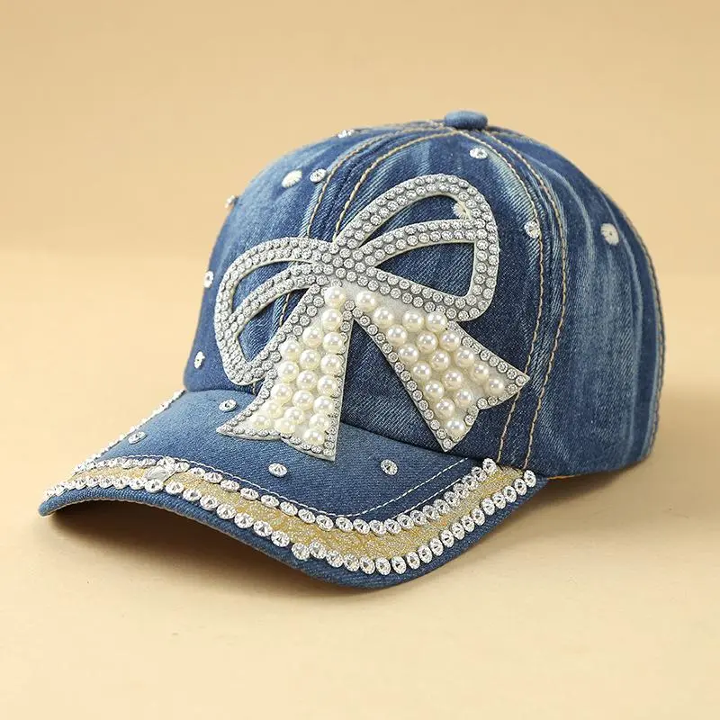 Women's Washed Denim Baseball Cap, Distressed Sun Protection Hat with Rhinestone Star or Pearl Bow, Adjustable Fit for Female Daily Wear, Star/Bow