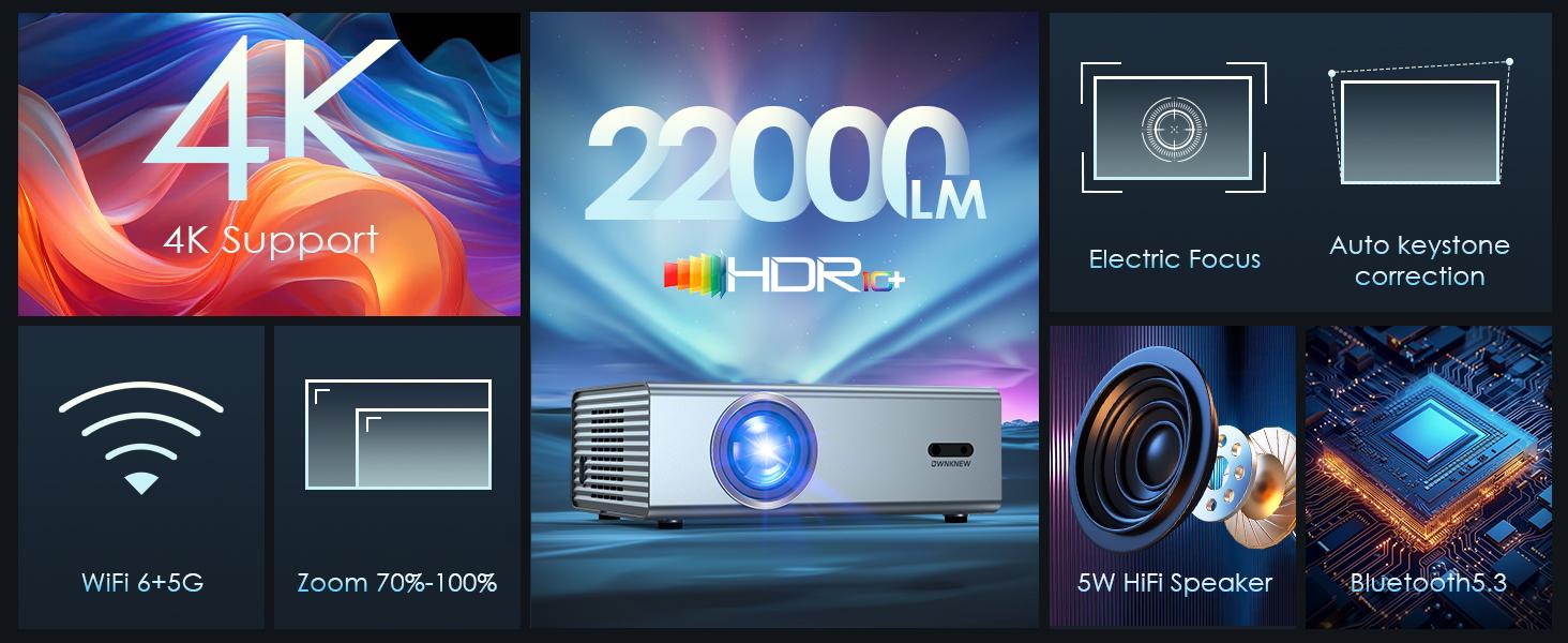 4K Projector with Wi-Fi 6 & Bluetooth 5.3, 22000 Lumens Portable Outdoor Movie Projector, Electric Focus, Auto Keystone Correction, High Brightness for Home Theater & Bedroom 4K Projector with Wi-Fi 6 & Bluetooth 5.3, 22000 Lumens Portable Outdoor Movie Projector, Electric Focus, Auto Keystone Correction, High Brightness for Home Theater & Bedroom