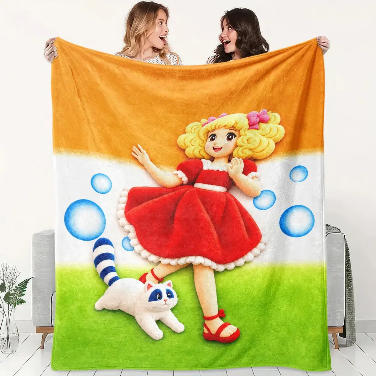 1pc Colorful Cartoon Girl Cat Printed Flannel Blanket, Blonde Doll Red Dress White Cat Bubble Print Soft Warm Throw for Sofa Bed Office Camping Travel Birthday Christmas Gift