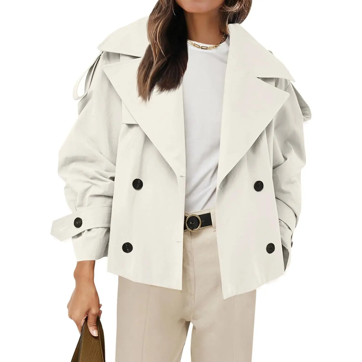 Women's Double-Breasted Belted Long Sleeve Cropped Trench Coat - Polyester Casual Chic Layering Outerwear with Size Chart for Fall School, Business Occasions, Lady