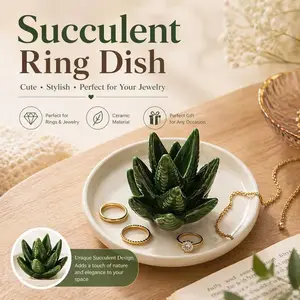 1pc Aloe Vera Shaped Ceramic Ring Holder Jewelry Tray Succulent Style Trinket Dish Earring Necklace Organizer Desktop Storage Plate for Home Bathroom Vanity Bedroom Decor