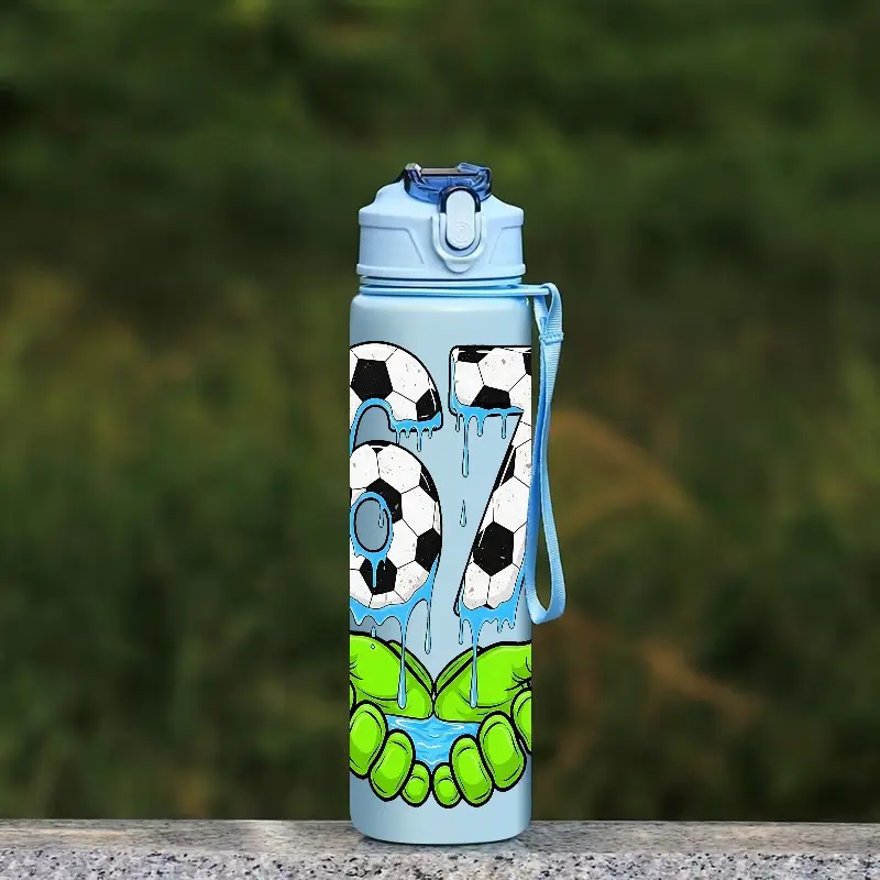 1pc Soccer & 67 Print Outdoor Plastic Water Bottle, Blue, Green SixSeven Printed Design Sports Drinking Bottle, Featuring a One-Touch Opening, Leakproof Water Bottle, Ideal for Travel, camping, Portable Water Bottle, Sports Water Bottles, Gym Water Bottle