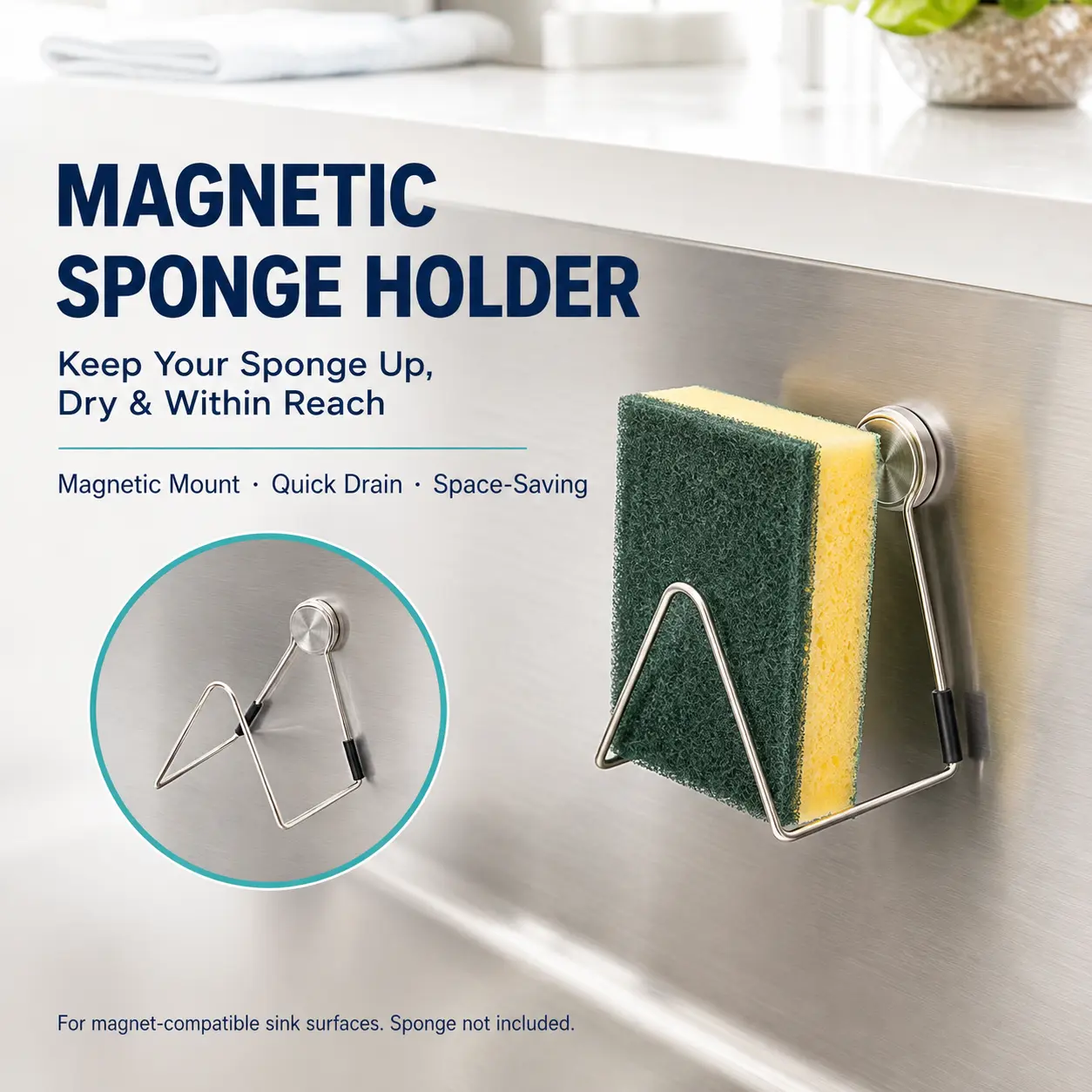 Magnetic Mount Kitchen Sink Sponge Holder - Suction Cup Movable Stainless Steel Open Frame Drain Rack with Anti-Scratch Rubber Tips for Sponge Scrubber, Steel Wool, Sink Drainage