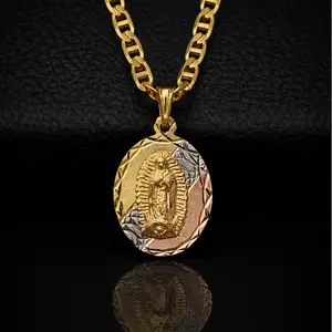 Virgen de Guadalupe Necklace Tri Color for Mens and Womens Mariner Link Chain 24" INCH Gold Plated Crucifix Handmade Fashion Accessory