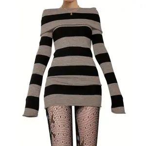 Women's Y2k Trendy Striped Print Off Shoulder Bodycon Knit Dress, Fashion Casual Long Sleeve Sweater Mini Dress for Fall & Winter, Cozy Fall Outfits for Women