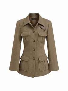 Wool-look Collar Button Pocket Cinched Waist Jacket
