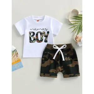 0-3 Years Baby Boys Shorts Set, Short Sleeve Letters Print T-shirt with Camouflage Shorts Summer Outfit, for Outdoor