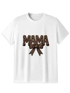 Unisex 100% Cotton "MAMA" Leopard Print Bow Graphic T-Shirt, Cute Mom Life Tee, Casual Short Sleeve Mother's Day Gift Top for Women, Trendy Streetwear