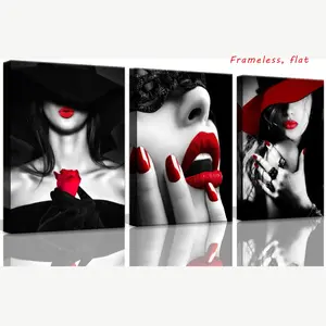 3-Piece Set, Red Lips Black & White Bathroom Decor Wall Art, Red Rose Modern Room Decor Office Contemporary Art Wall Hanging, Kitchen Home Decor, Canvas Wall Art, Bedroom Decor, High Definition, Waterproof, Artistic, Frameless, Decoration, Print