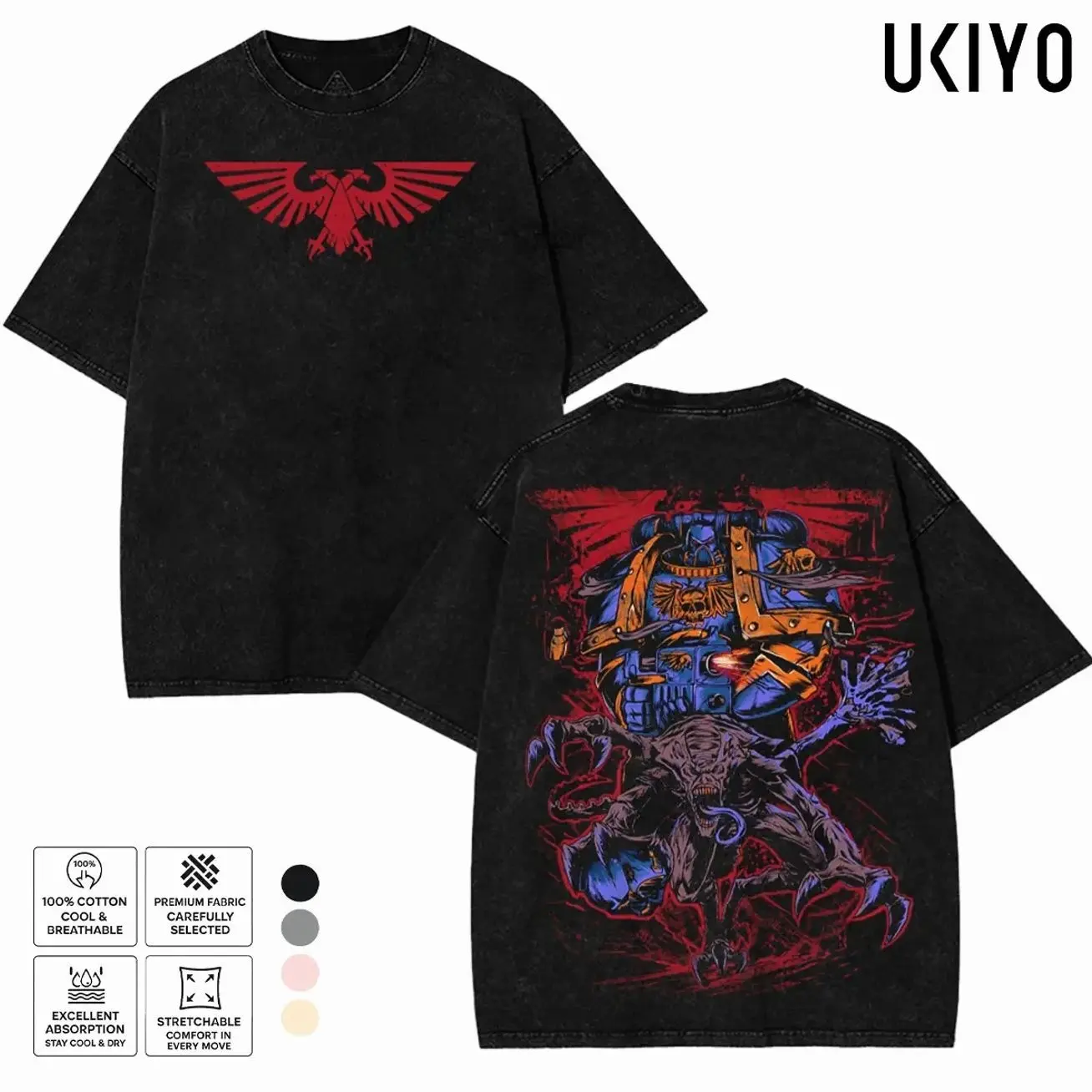 Warhammer 40K Space Marine Printed Unisex Washed T-Shirt Vintage Graphic Tee Oversized Streetwear T Shirt for Men Women Gaming Merchandise Tops Casual AW7