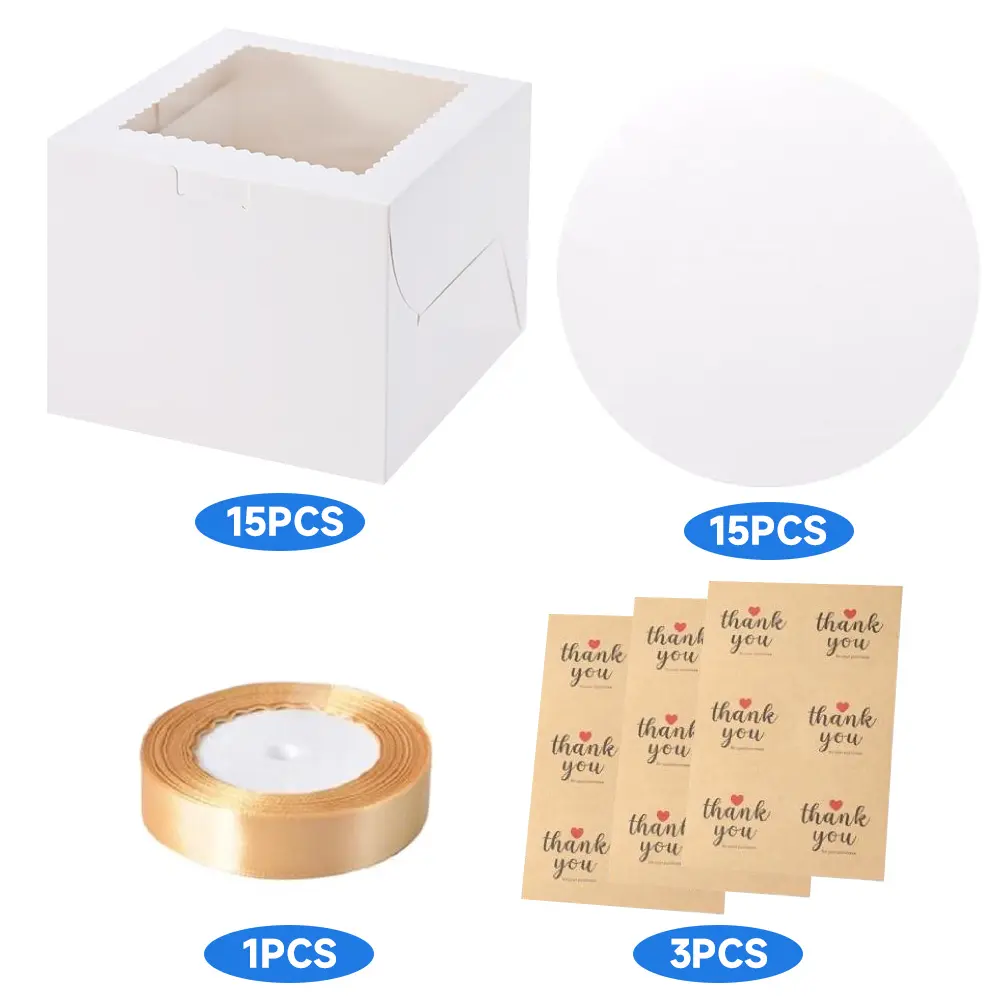30pcs 6x6x5 inch Mini Cake Boxes with Cake Boards (15 Boxes & 15 Boards), 6 inch Small Cake Boxes with Lids，Cajas de mini pastel Bakery Boxes with Window for Christmas Thanksgiving